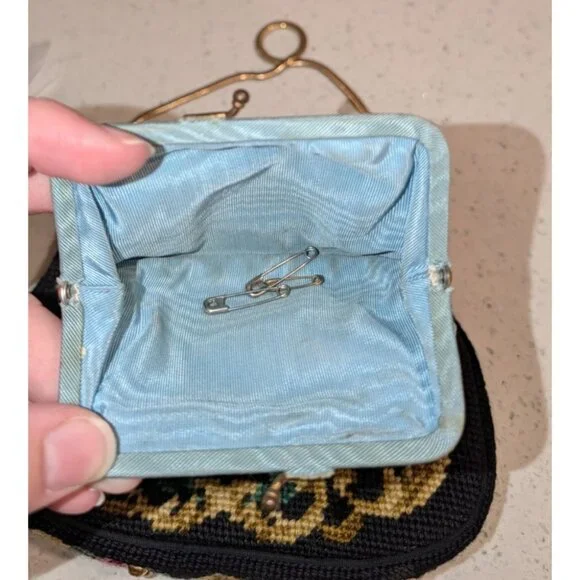 Vintage Floral Needlepoint Evening Bag Metal Frame Chain Strap etched clasp - Picture 7 of 16